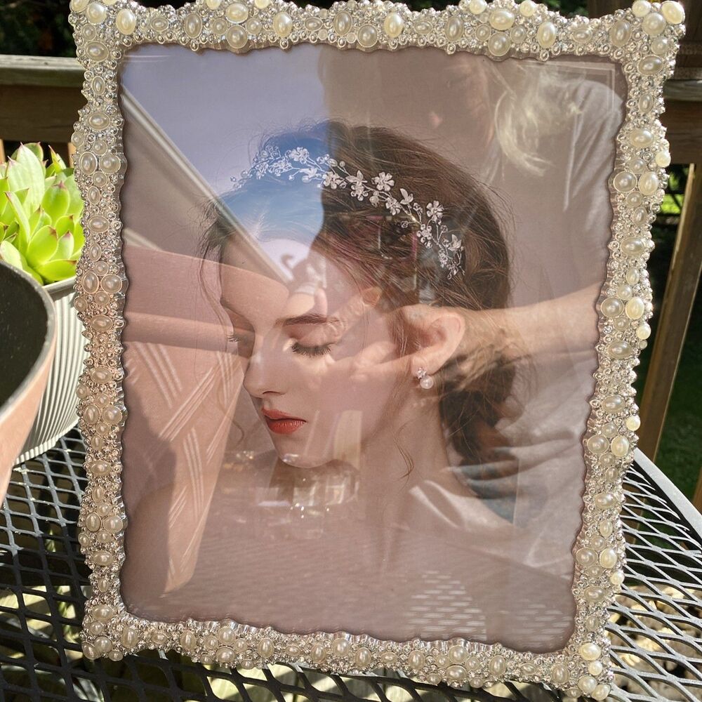 8x10 Pearl Picture Frame with Crystal for Wedding Silver Plated with 8 x 10 inch